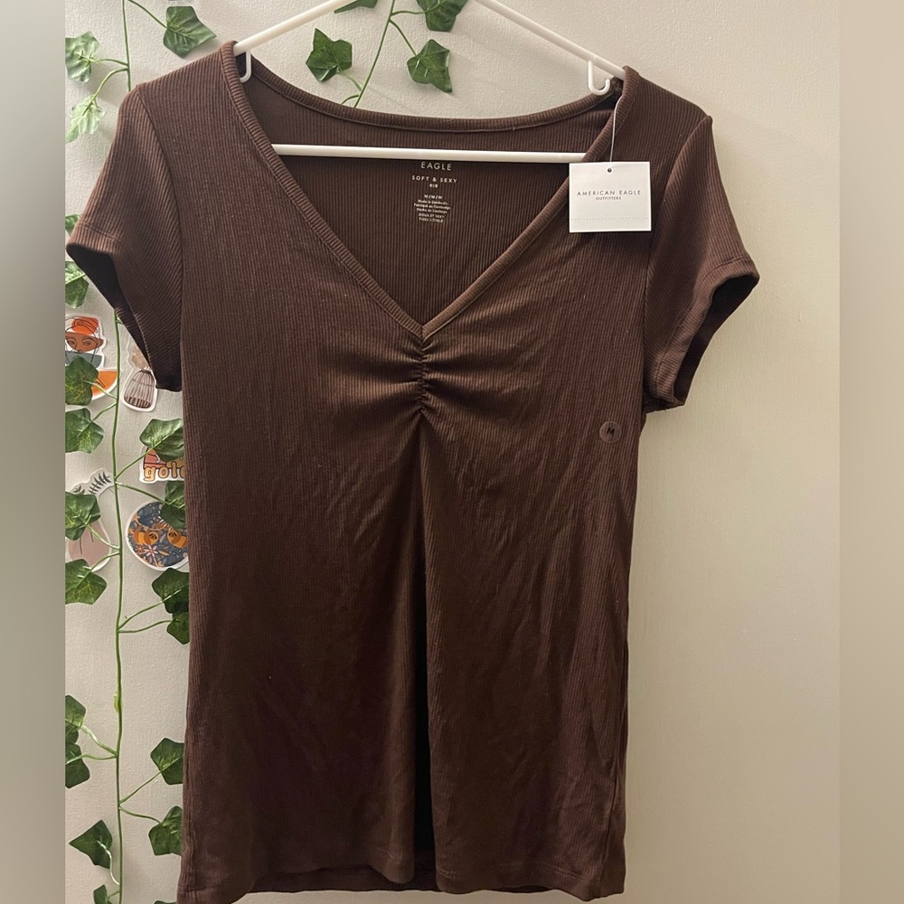 NWT American Eagle Brown V-Neck Ruched Top